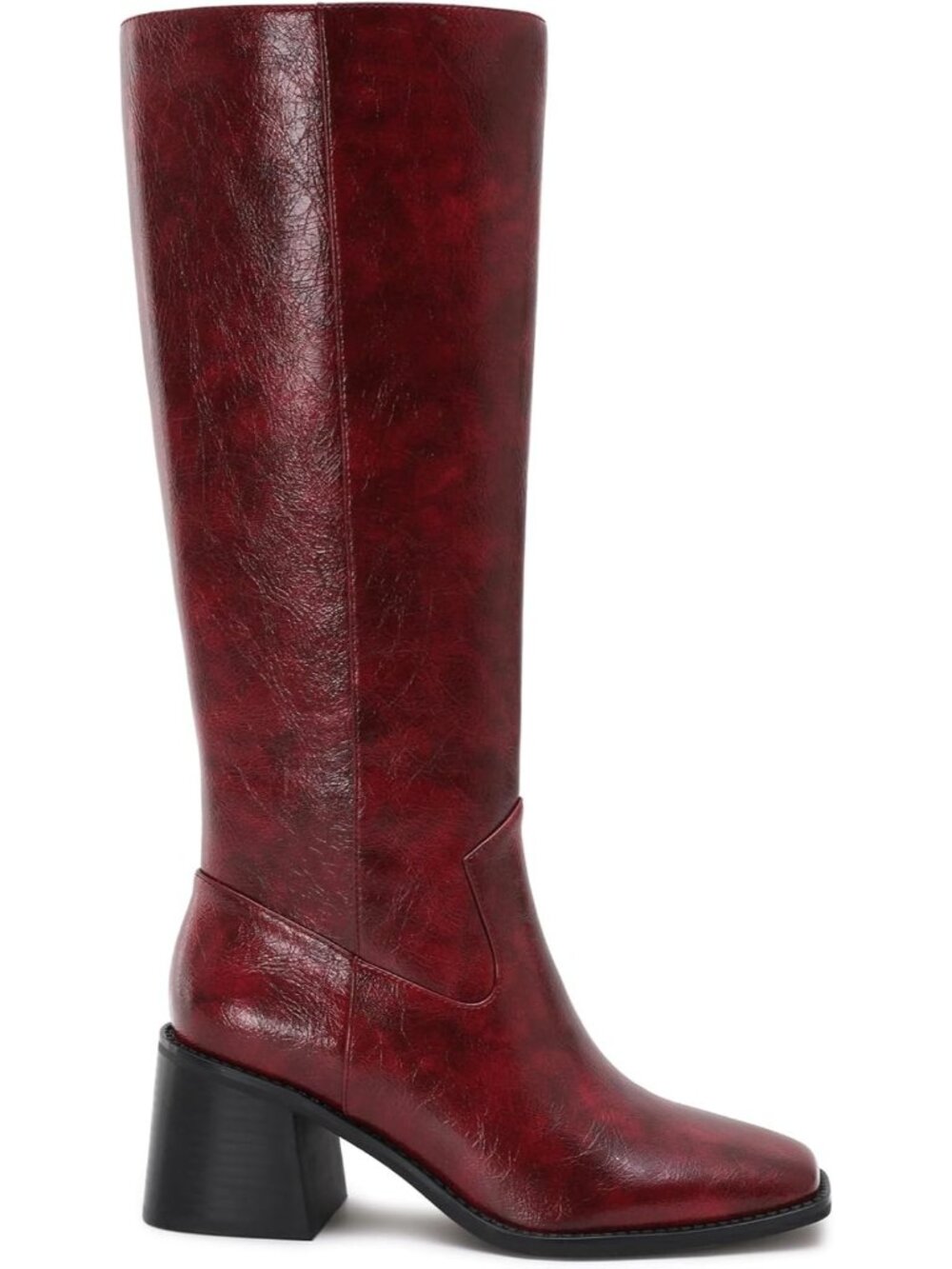 Women's Red Polyurethane Knee High Boots Squared Toe Chunky Heel Tall Boots - Picture 5 of 6